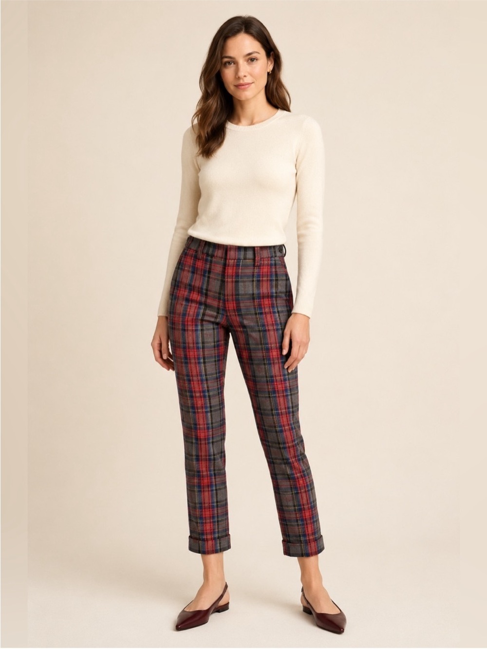 Smythe Red & Gray Plaid Straight-Leg Trousers